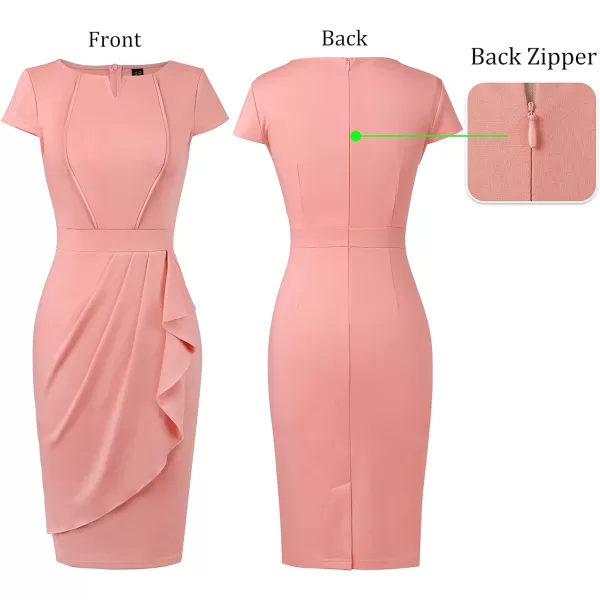 VFSHOW Womens Notch V Neck Ruched Ruffle 2023 Work Business Office Party Bodycon Pencil DressSalmon Pink5