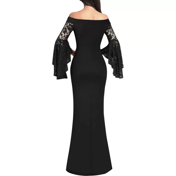 VFSHOW Womens Off Shoulder Bell Sleeve Formal Evening Wedding Party Maxi DressBlack  Lace Sleeve