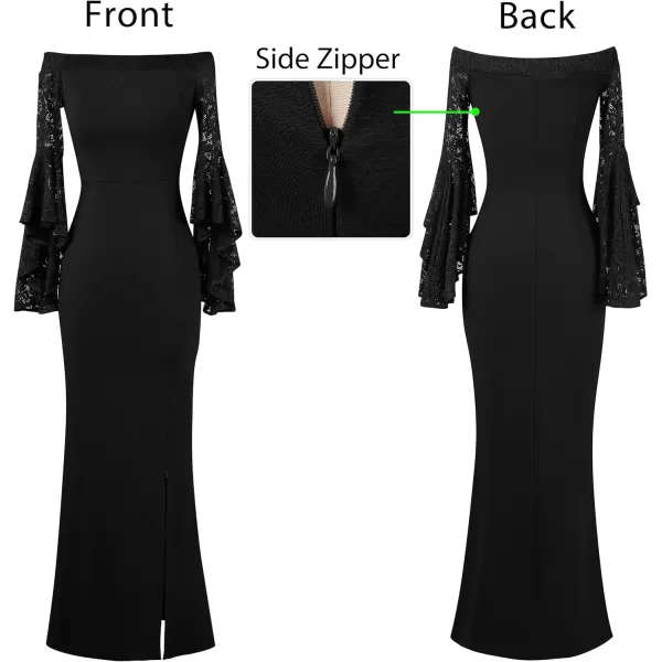 VFSHOW Womens Off Shoulder Bell Sleeve Formal Evening Wedding Party Maxi DressBlack  Lace Sleeve