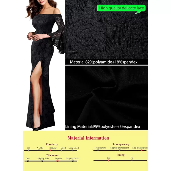 VFSHOW Womens Off Shoulder Bell Sleeve Formal Evening Wedding Party Maxi DressBlack Floral Lace9