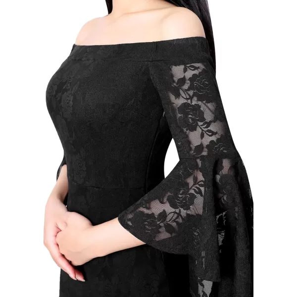 VFSHOW Womens Off Shoulder Bell Sleeve Formal Evening Wedding Party Maxi DressBlack Floral Lace9