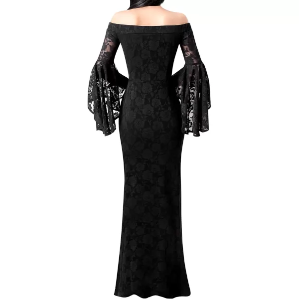 VFSHOW Womens Off Shoulder Bell Sleeve Formal Evening Wedding Party Maxi DressBlack Floral Lace9