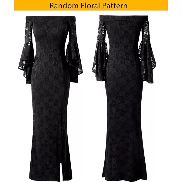 VFSHOW Womens Off Shoulder Bell Sleeve Formal Evening Wedding Party Maxi DressBlack Floral Lace9