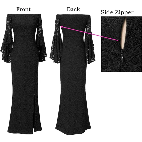 VFSHOW Womens Off Shoulder Bell Sleeve Formal Evening Wedding Party Maxi DressBlack Lace 2