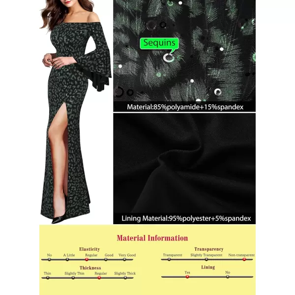 VFSHOW Womens Off Shoulder Bell Sleeve Formal Evening Wedding Party Maxi DressBlack and Green Leopard Print