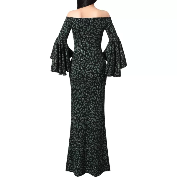 VFSHOW Womens Off Shoulder Bell Sleeve Formal Evening Wedding Party Maxi DressBlack and Green Leopard Print