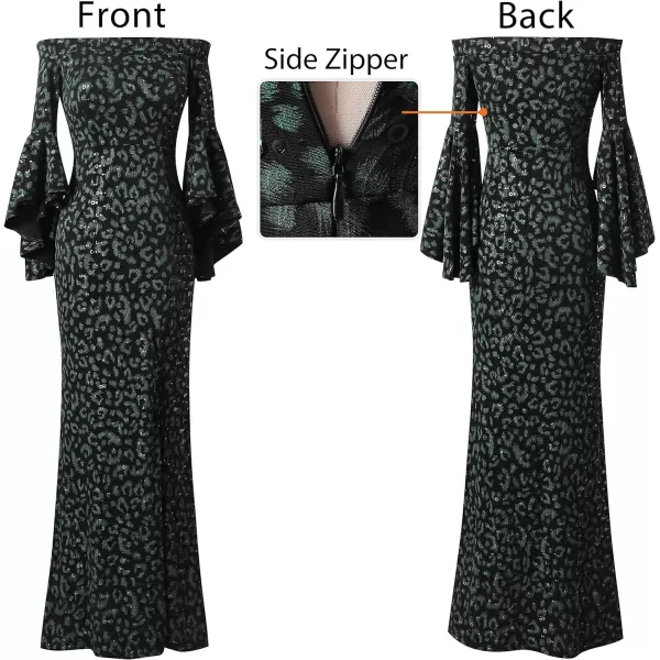 VFSHOW Womens Off Shoulder Bell Sleeve Formal Evening Wedding Party Maxi DressBlack and Green Leopard Print