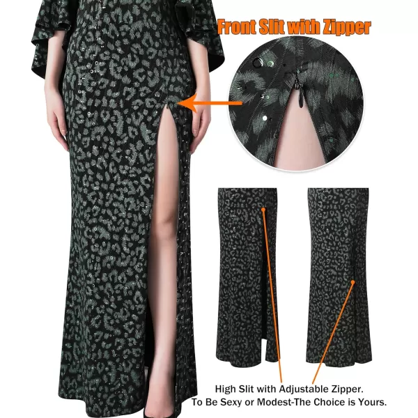 VFSHOW Womens Off Shoulder Bell Sleeve Formal Evening Wedding Party Maxi DressBlack and Green Leopard Print