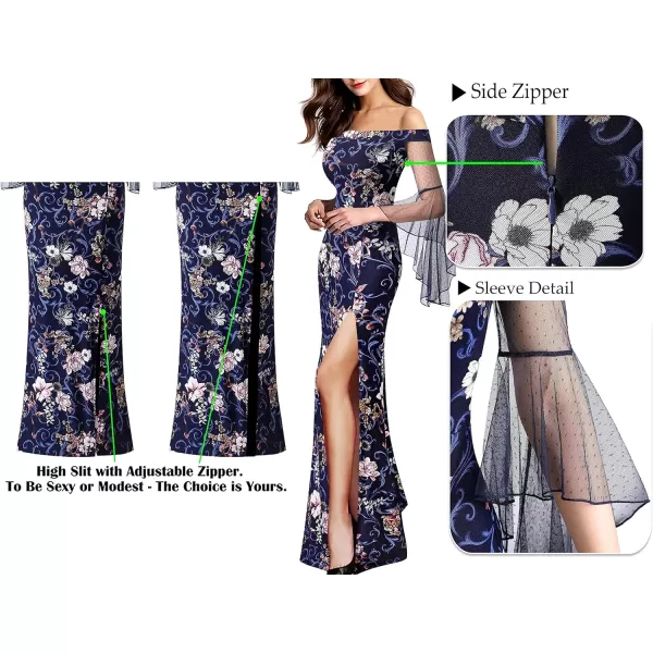 VFSHOW Womens Off Shoulder Bell Sleeve Formal Evening Wedding Party Maxi DressDark Blue  Mesh Floral Print
