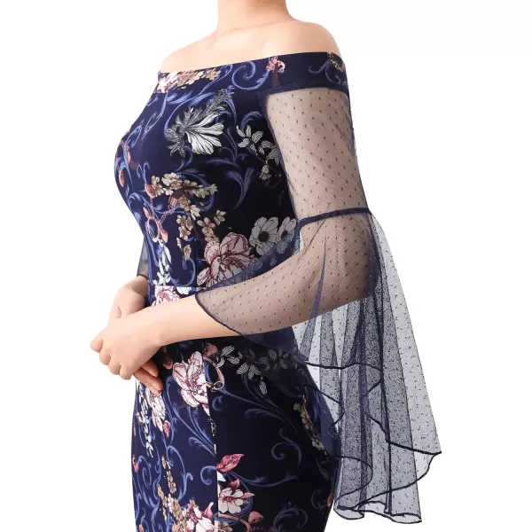 VFSHOW Womens Off Shoulder Bell Sleeve Formal Evening Wedding Party Maxi DressDark Blue  Mesh Floral Print