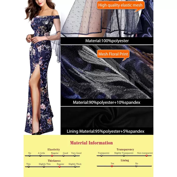 VFSHOW Womens Off Shoulder Bell Sleeve Formal Evening Wedding Party Maxi DressDark Blue  Mesh Floral Print