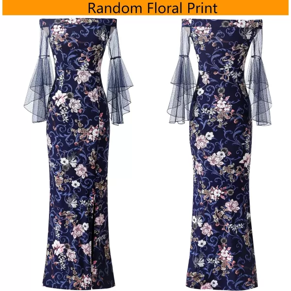 VFSHOW Womens Off Shoulder Bell Sleeve Formal Evening Wedding Party Maxi DressDark Blue  Mesh Floral Print
