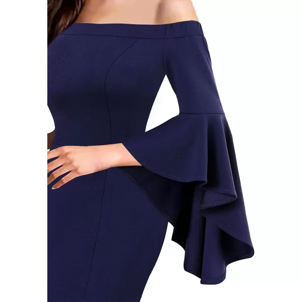 VFSHOW Womens Off Shoulder Bell Sleeve Formal Evening Wedding Party Maxi DressDark Blue