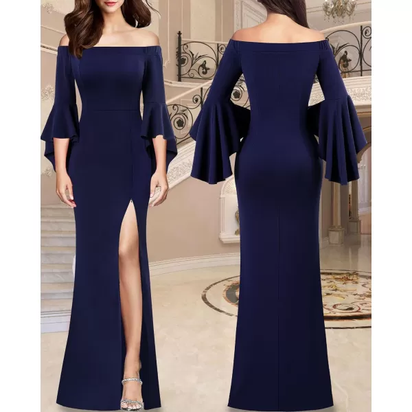 VFSHOW Womens Off Shoulder Bell Sleeve Formal Evening Wedding Party Maxi DressDark Blue