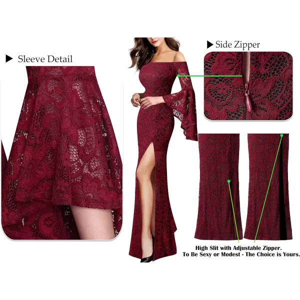 VFSHOW Womens Off Shoulder Bell Sleeve Formal Evening Wedding Party Maxi DressDark Red Lace