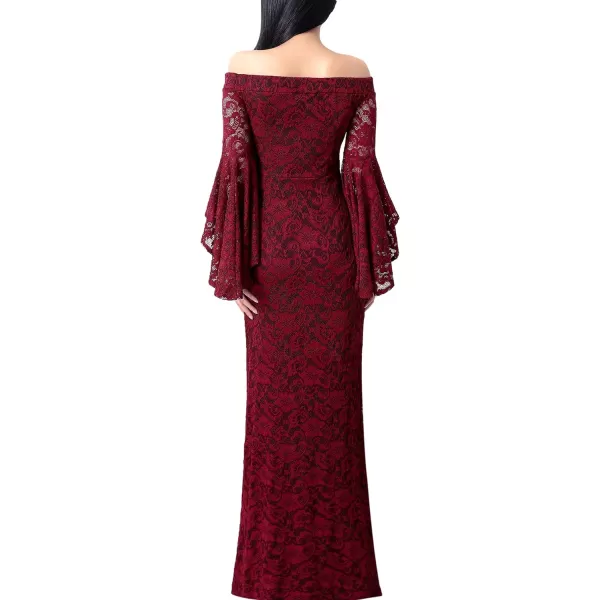 VFSHOW Womens Off Shoulder Bell Sleeve Formal Evening Wedding Party Maxi DressDark Red Lace