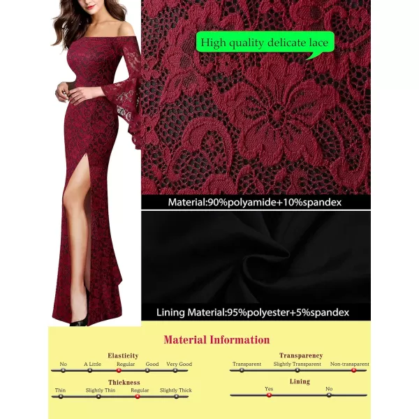 VFSHOW Womens Off Shoulder Bell Sleeve Formal Evening Wedding Party Maxi DressDark Red Lace