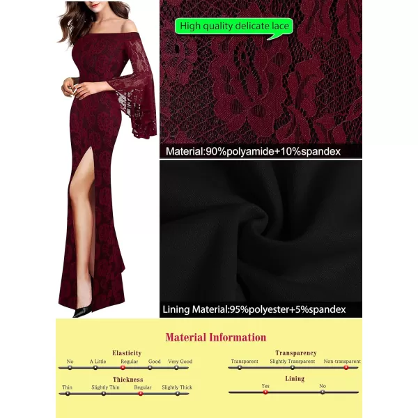 VFSHOW Womens Off Shoulder Bell Sleeve Formal Evening Wedding Party Maxi DressDark Red Lace3