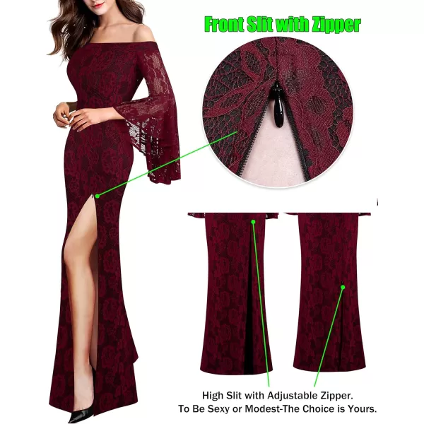 VFSHOW Womens Off Shoulder Bell Sleeve Formal Evening Wedding Party Maxi DressDark Red Lace3