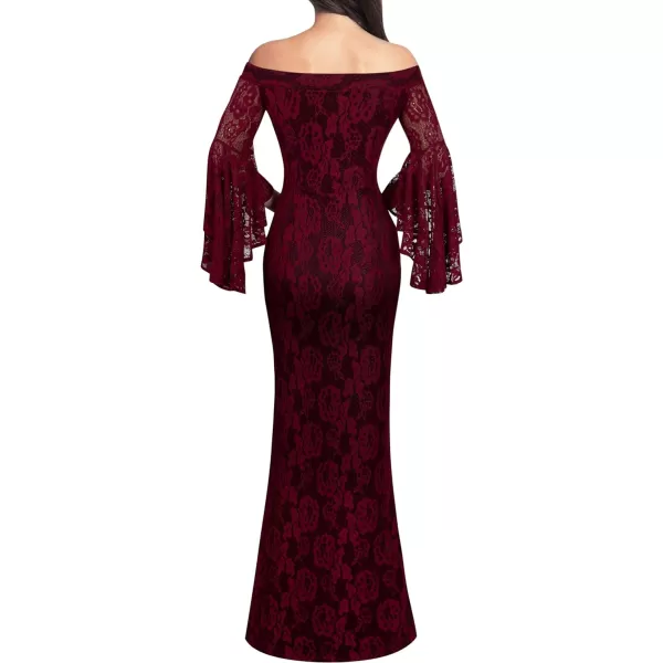 VFSHOW Womens Off Shoulder Bell Sleeve Formal Evening Wedding Party Maxi DressDark Red Lace3