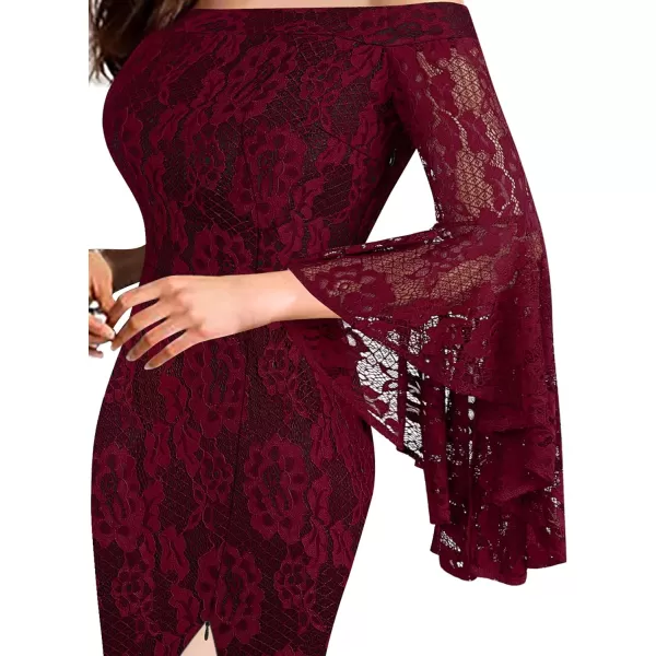 VFSHOW Womens Off Shoulder Bell Sleeve Formal Evening Wedding Party Maxi DressDark Red Lace3