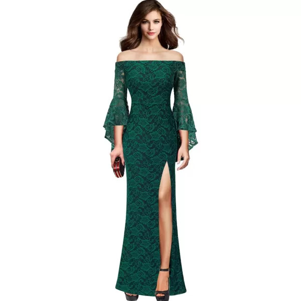 VFSHOW Womens Off Shoulder Bell Sleeve Formal Evening Wedding Party Maxi DressGreen Lace 2