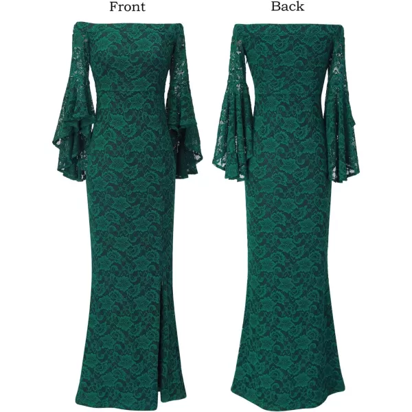 VFSHOW Womens Off Shoulder Bell Sleeve Formal Evening Wedding Party Maxi DressGreen Lace 2