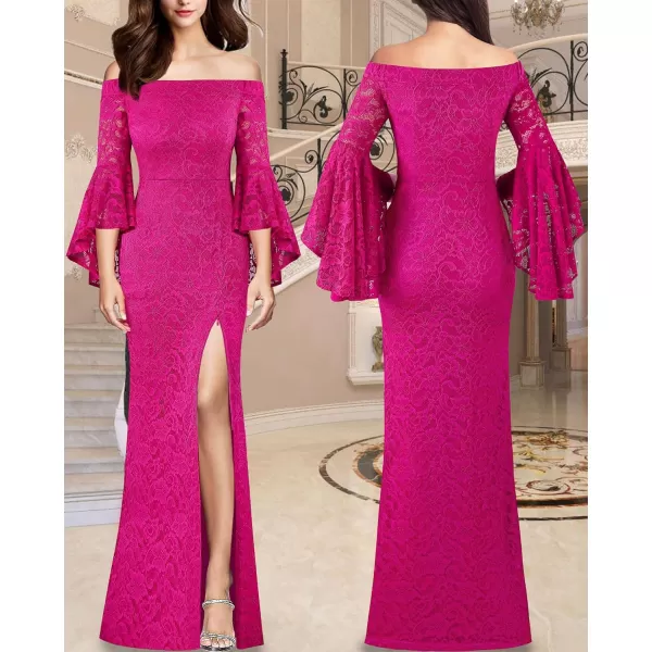 VFSHOW Womens Off Shoulder Bell Sleeve Formal Evening Wedding Party Maxi DressHot Pink Lace2