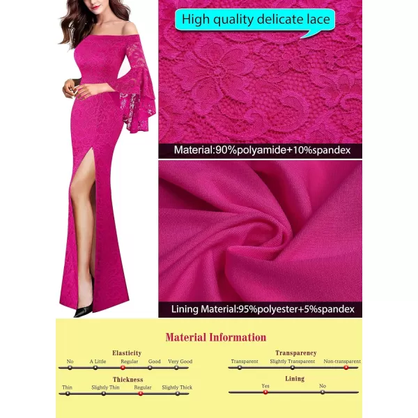 VFSHOW Womens Off Shoulder Bell Sleeve Formal Evening Wedding Party Maxi DressHot Pink Lace2