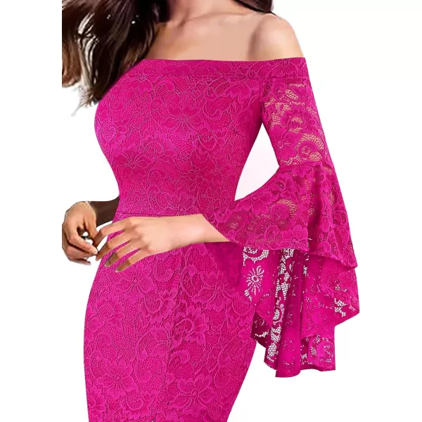 VFSHOW Womens Off Shoulder Bell Sleeve Formal Evening Wedding Party Maxi DressHot Pink Lace2