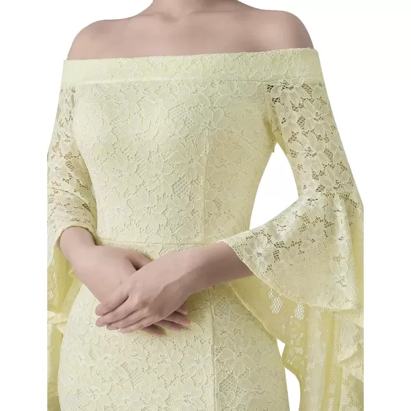 VFSHOW Womens Off Shoulder Bell Sleeve Formal Evening Wedding Party Maxi DressLight Yellow and Off White Lace