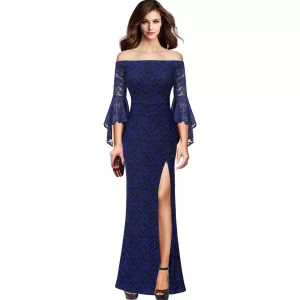 VFSHOW Womens Off Shoulder Bell Sleeve Formal Evening Wedding Party Maxi DressNew Blue Lace