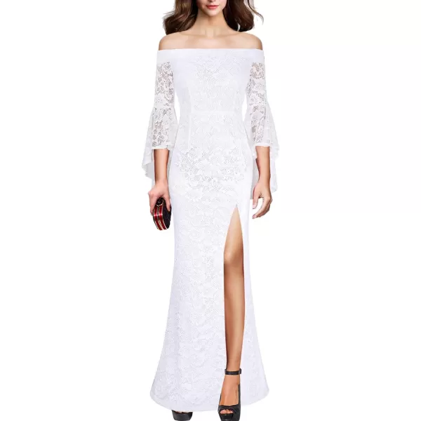VFSHOW Womens Off Shoulder Bell Sleeve Formal Evening Wedding Party Maxi DressOffwhite Lace