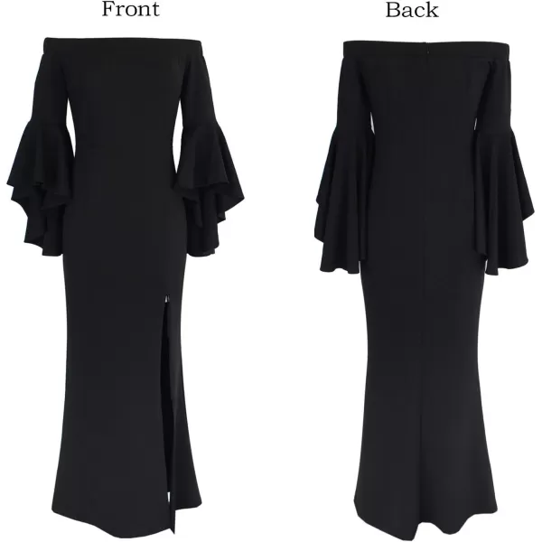 VFSHOW Womens Off Shoulder Bell Sleeve Formal Evening Wedding Party Maxi DressPlaid Blackcotton Blend