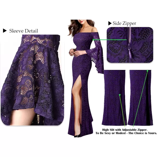 VFSHOW Womens Off Shoulder Bell Sleeve Formal Evening Wedding Party Maxi DressPurple Lace2