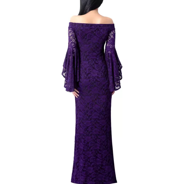 VFSHOW Womens Off Shoulder Bell Sleeve Formal Evening Wedding Party Maxi DressPurple Lace2