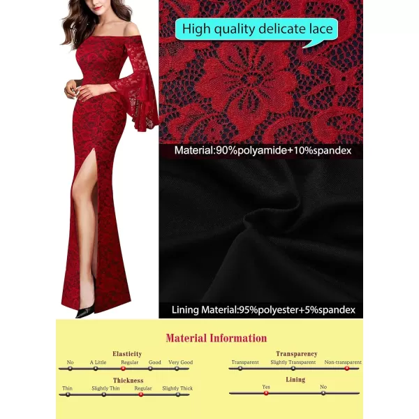 VFSHOW Womens Off Shoulder Bell Sleeve Formal Evening Wedding Party Maxi DressRed Floral Lace Black Lining