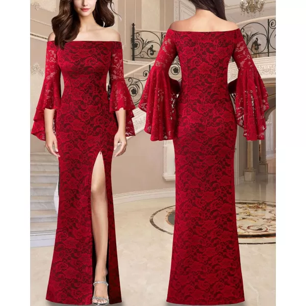 VFSHOW Womens Off Shoulder Bell Sleeve Formal Evening Wedding Party Maxi DressRed Floral Lace Black Lining