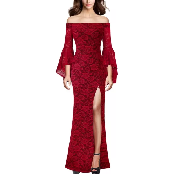 VFSHOW Womens Off Shoulder Bell Sleeve Formal Evening Wedding Party Maxi DressRed Lace9078