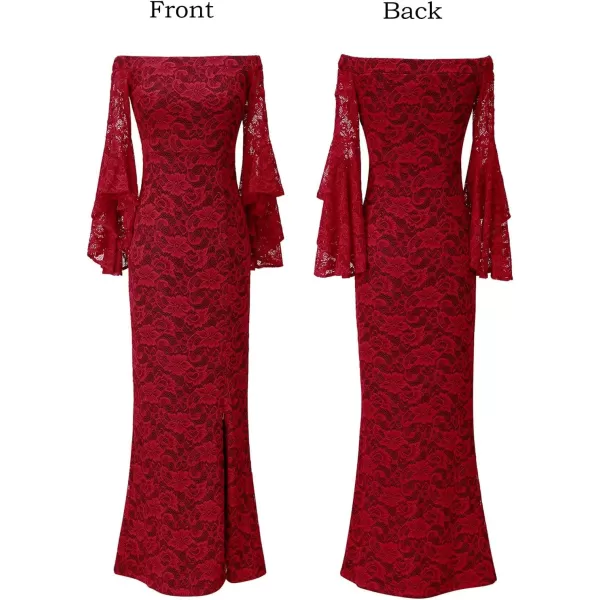 VFSHOW Womens Off Shoulder Bell Sleeve Formal Evening Wedding Party Maxi DressRed Lace9078