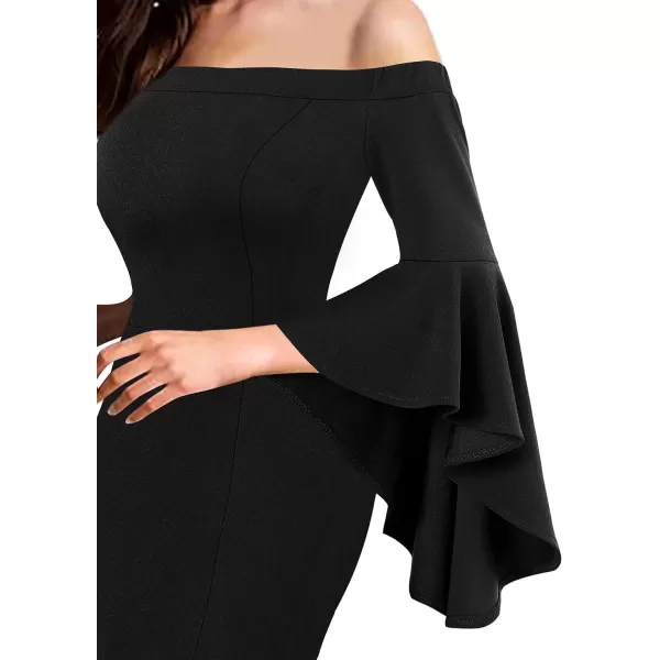 VFSHOW Womens Off Shoulder Bell Sleeve Formal Evening Wedding Party Maxi DressSolid Black2