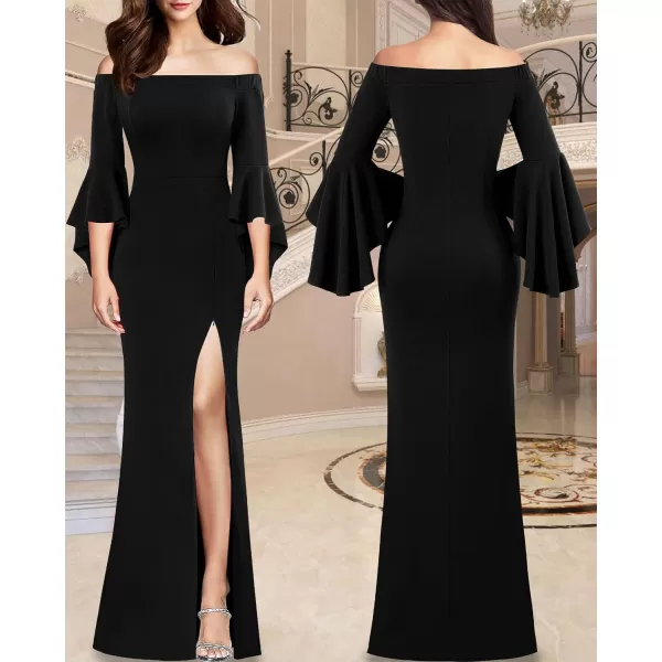 VFSHOW Womens Off Shoulder Bell Sleeve Formal Evening Wedding Party Maxi DressSolid Black2