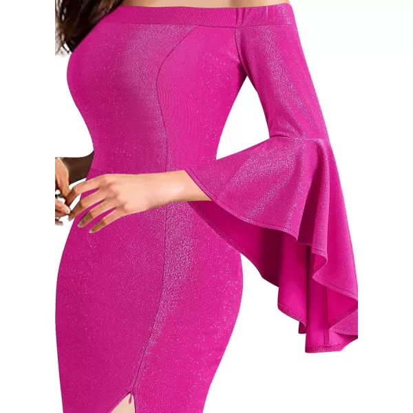 VFSHOW Womens Off Shoulder Bell Sleeve Formal Evening Wedding Party Maxi DressSparkly Hot Pink