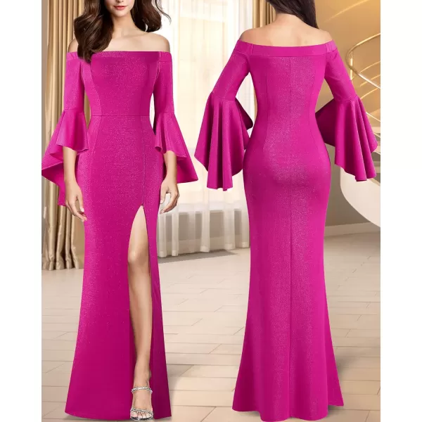 VFSHOW Womens Off Shoulder Bell Sleeve Formal Evening Wedding Party Maxi DressSparkly Hot Pink