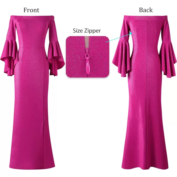 VFSHOW Womens Off Shoulder Bell Sleeve Formal Evening Wedding Party Maxi DressSparkly Hot Pink