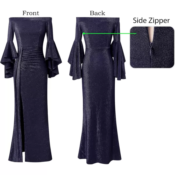 VFSHOW Womens Off Shoulder Bell Sleeve Ruched Split Formal Evening Wedding Maxi DressShiny Blue2