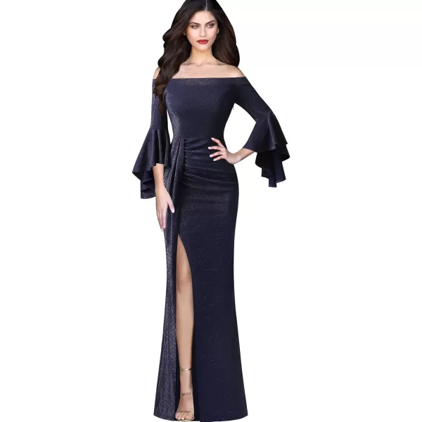 VFSHOW Womens Off Shoulder Bell Sleeve Ruched Split Formal Evening Wedding Maxi DressShiny Blue2