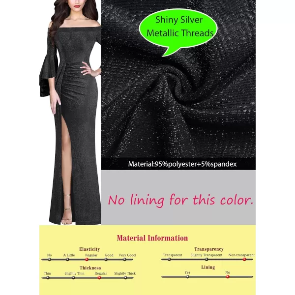 VFSHOW Womens Off Shoulder Bell Sleeve Ruched Split Formal Evening Wedding Maxi DressSparkly Black