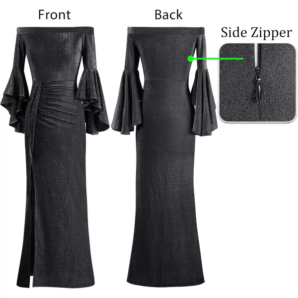 VFSHOW Womens Off Shoulder Bell Sleeve Ruched Split Formal Evening Wedding Maxi DressSparkly Black