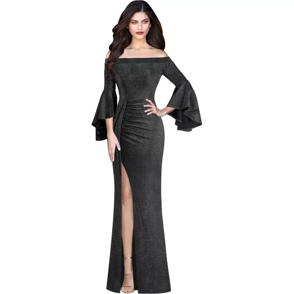 VFSHOW Womens Off Shoulder Bell Sleeve Ruched Split Formal Evening Wedding Maxi DressSparkly Black